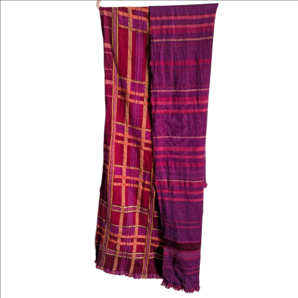 KENZO Red Pink Tartan Plaid Wool Reversible Luxury Blanket Scarf